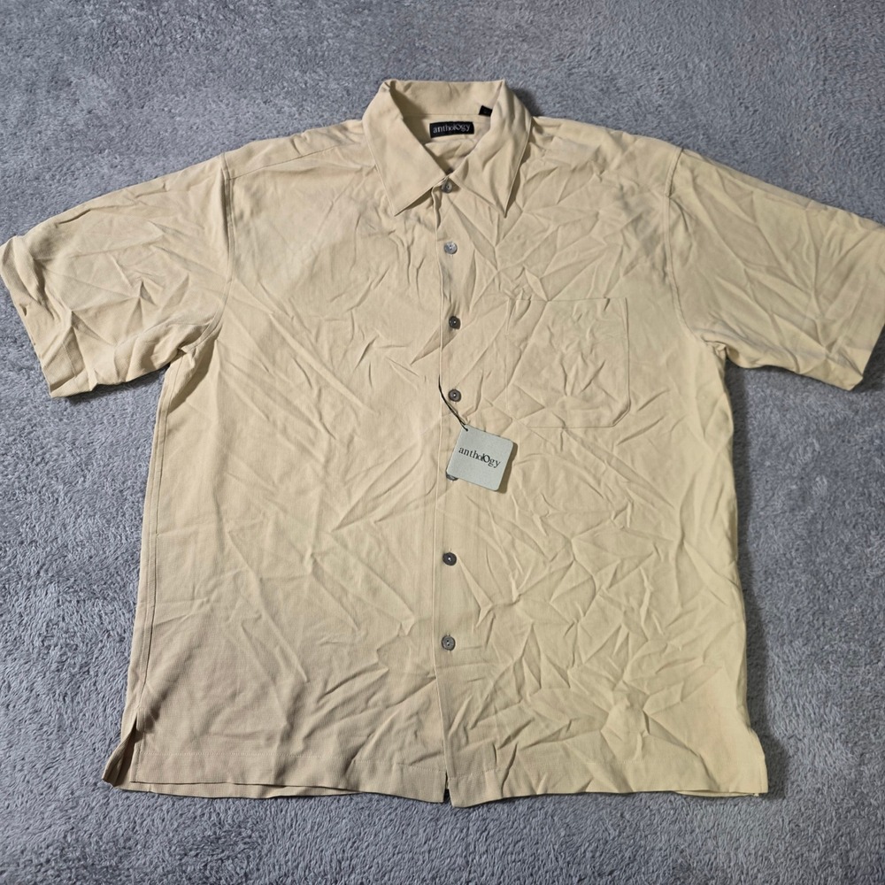Anthology Mens L Button Down Shirt Macadamia Tan 100% Silk Textured HA-4163TM